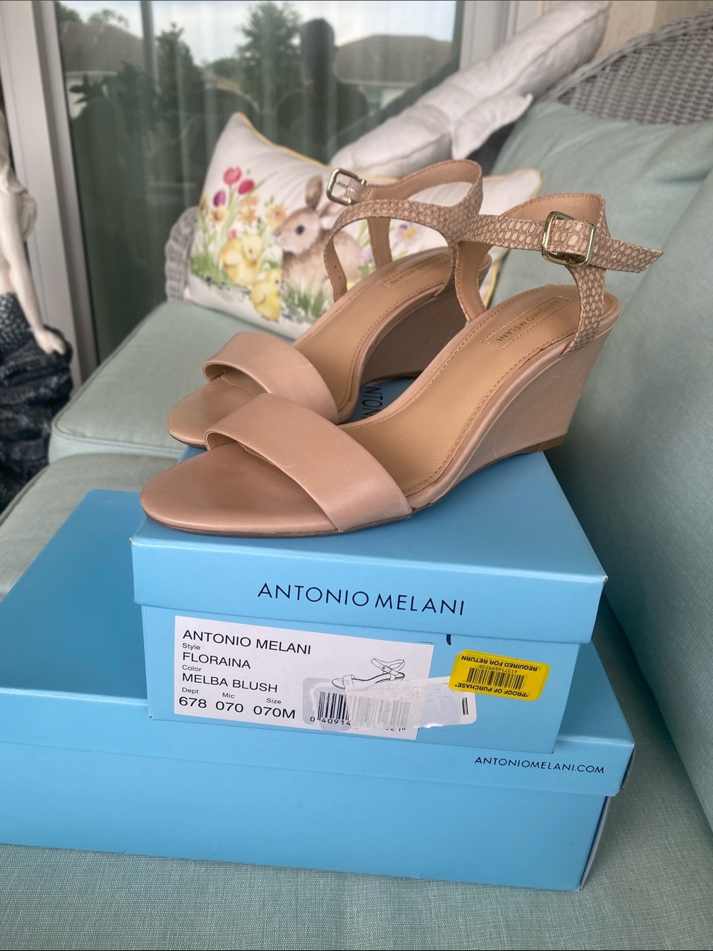 Antonio Melani blush wedge sandal with croc embroidered straps
